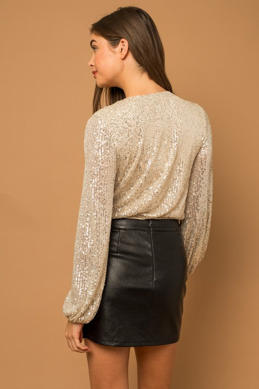 Beige/Gold Sequin Long Sleeve Bodysuit