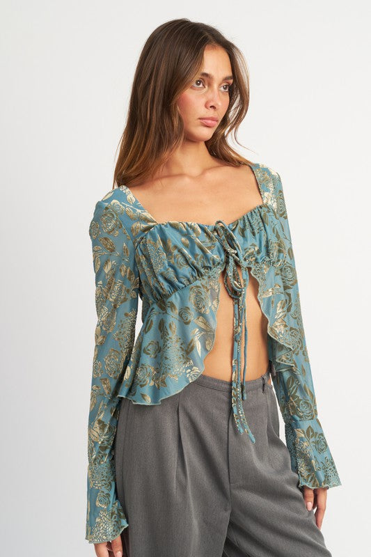 SHIRRRING TIE TOP WITH LONG SLEEVE - [product_category], Minx Boutique-Southbury