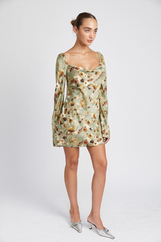 Sage floral long sleeve open back mini dress - [product_category], Minx Boutique-Southbury