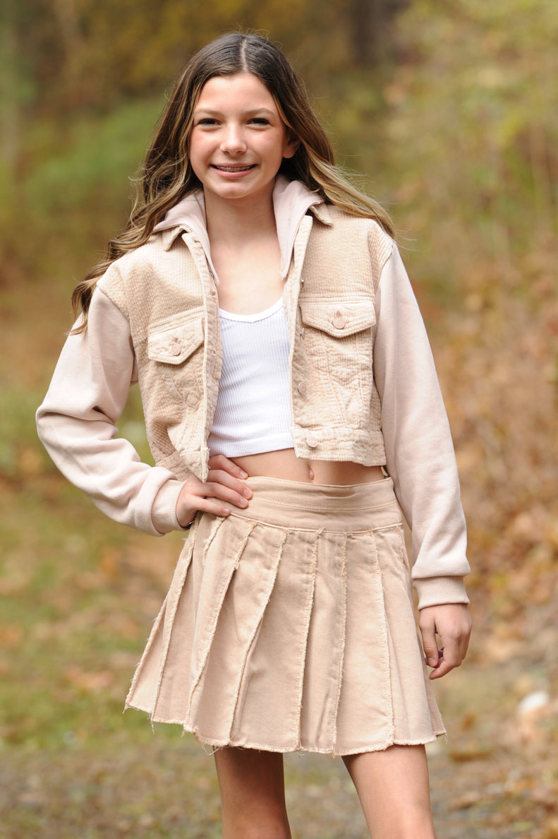 Tractr Girl Corduroy Combo Knit Crop Jacket
