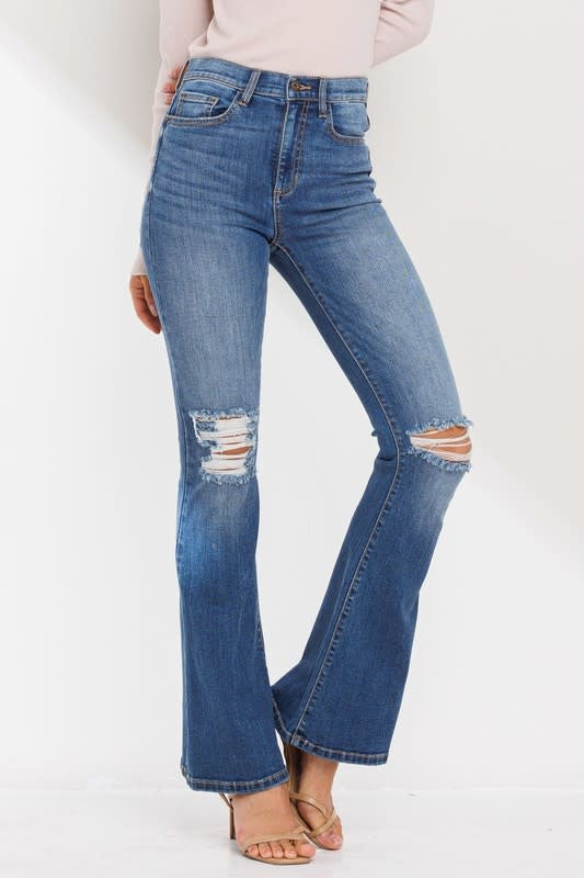 Sneak Peek High Rise Distressed Flare Jean - Medium Wash 27 Pants