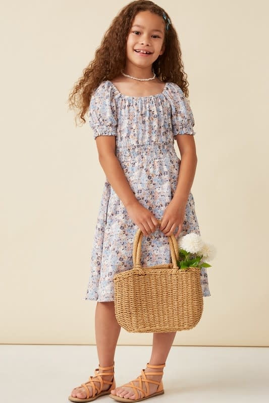 Girls Floral Print Smock Detail Puff Sleeve Mini Dress Dress