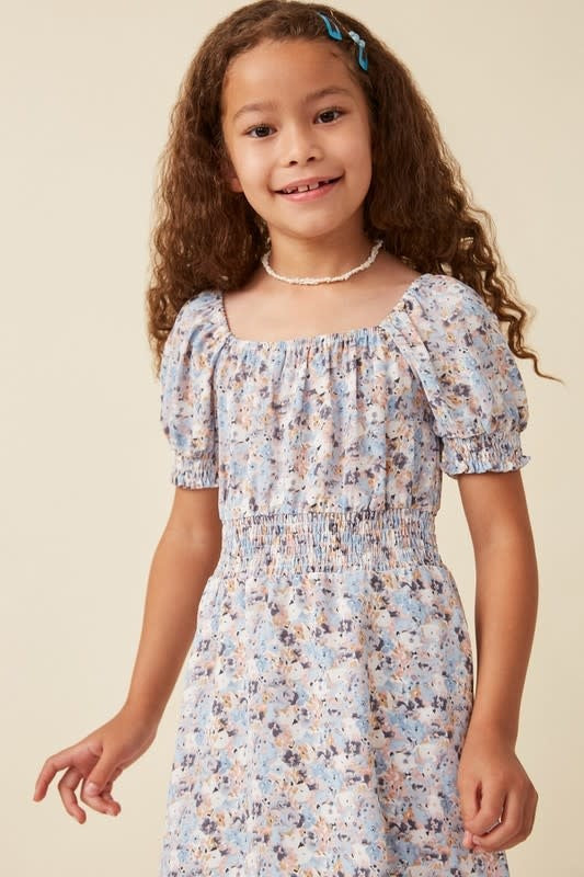 Girls Floral Print Smock Detail Puff Sleeve Mini Dress Dress