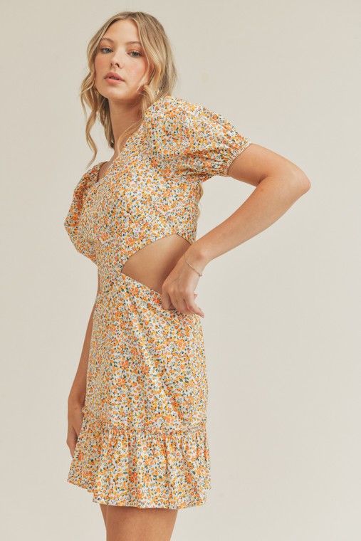 Yellow Floral Asymmetric Cut Out Mini Dress dress