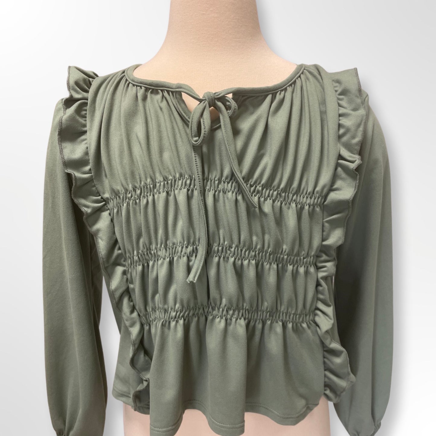 Girls Olive Shirring Long Sleeve Smocked Top