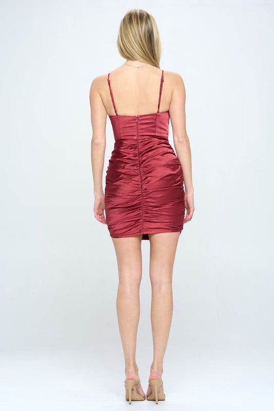 Satin Surplice Ruched Dress Dress