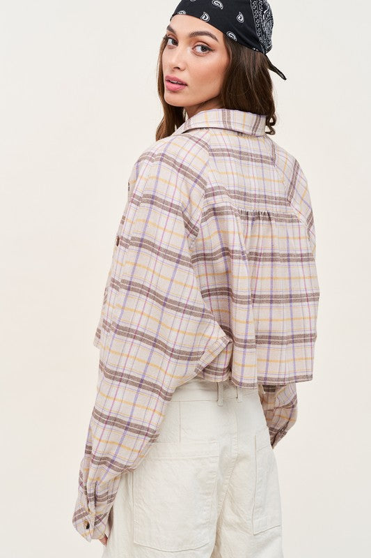 Juno Beige Cropped Raw Hem Button Down