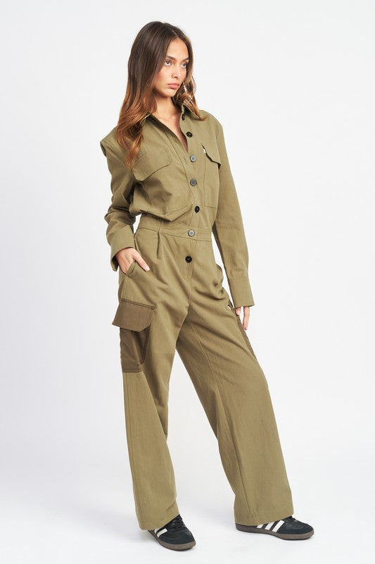 Olive Button Down Cargo Jumpsuit - [product_category], Minx Boutique-Southbury