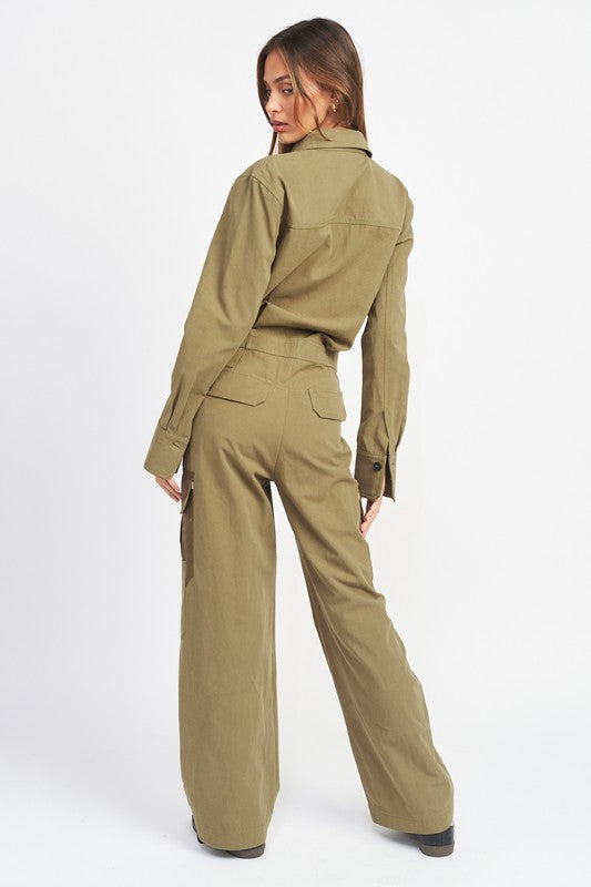 Olive Button Down Cargo Jumpsuit - [product_category], Minx Boutique-Southbury