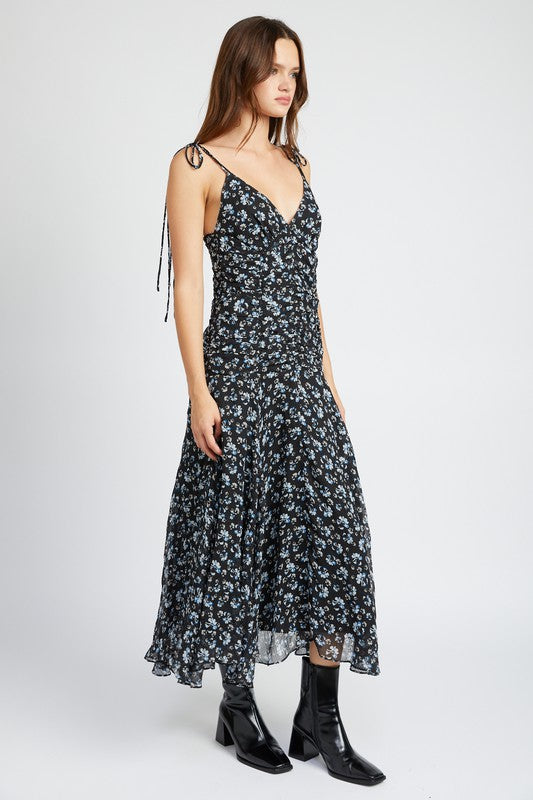 RUCHED BLACK FLORAL DRESS WITH ANGEL EMPIRE - [product_category], Minx Boutique-Southbury
