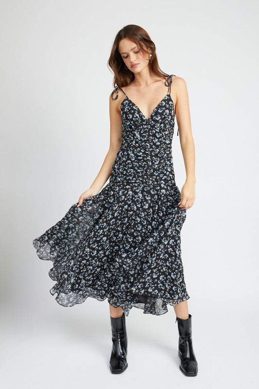 RUCHED BLACK FLORAL DRESS WITH ANGEL EMPIRE - [product_category], Minx Boutique-Southbury