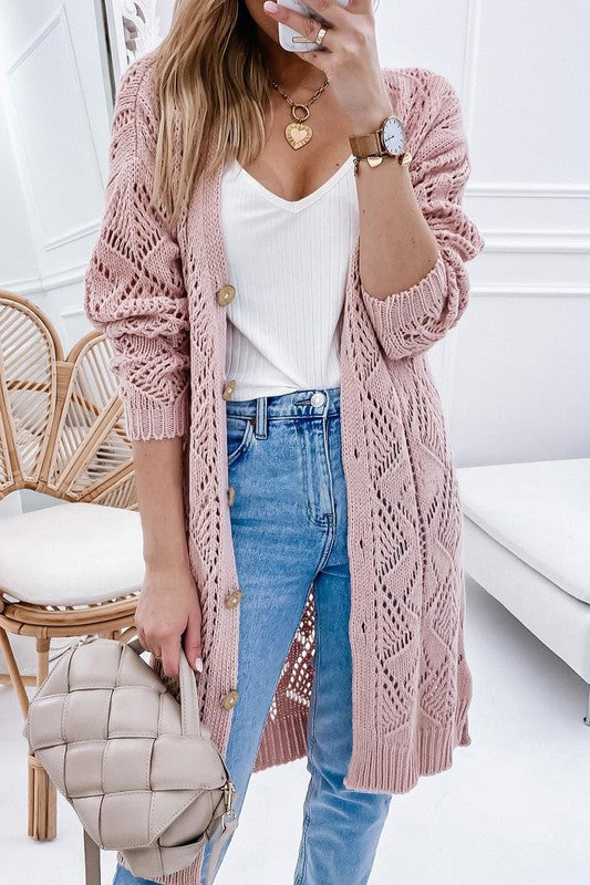 Plus Eyelet sweater button crochet knit cardigan - Online Only - [product_category], Minx Boutique-Southbury