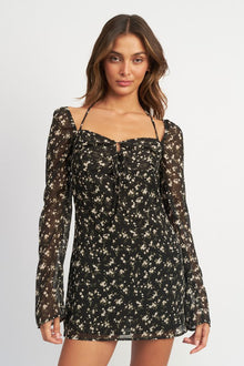 BLACK FLORAL LONG SLEEVE DRESS WITH HALTER DETAIL - [product_category], Minx Boutique-Southbury