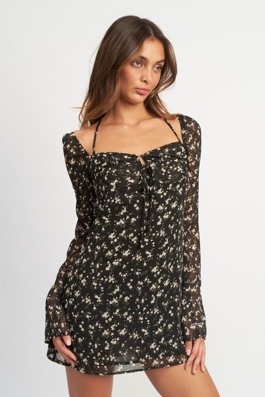 BLACK FLORAL LONG SLEEVE DRESS WITH HALTER DETAIL - [product_category], Minx Boutique-Southbury