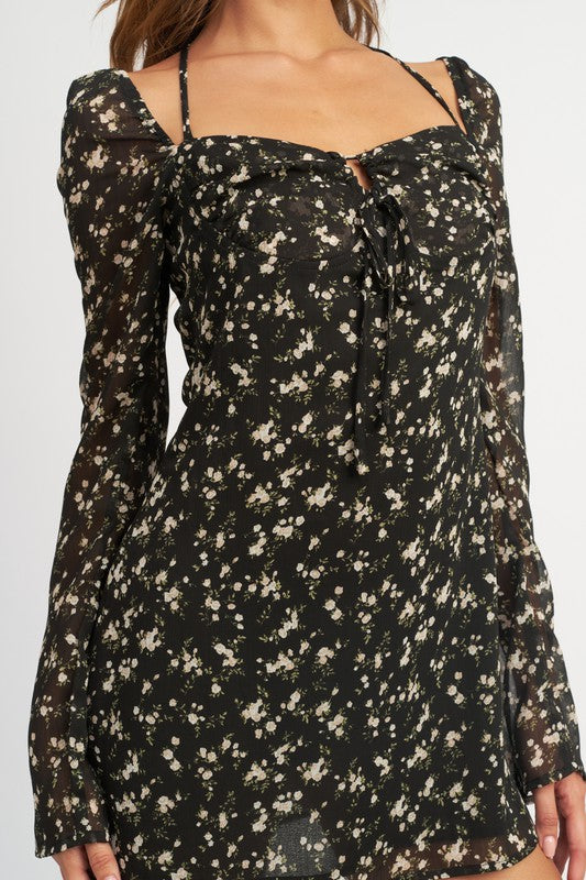 BLACK FLORAL LONG SLEEVE DRESS WITH HALTER DETAIL - [product_category], Minx Boutique-Southbury