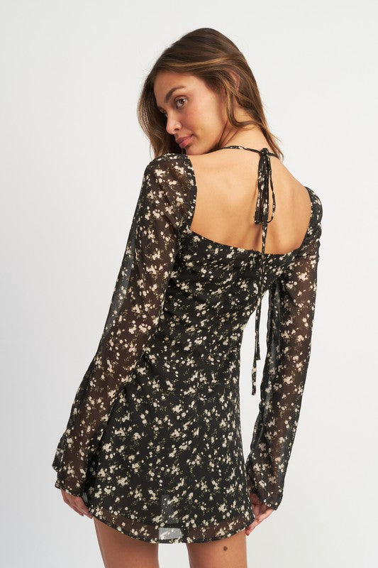 BLACK FLORAL LONG SLEEVE DRESS WITH HALTER DETAIL - [product_category], Minx Boutique-Southbury