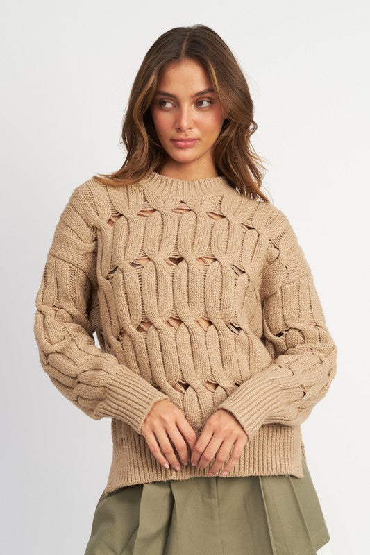 TAUPE OPEN KNIT SWEATER WITH SLITS - [product_category], Minx Boutique-Southbury