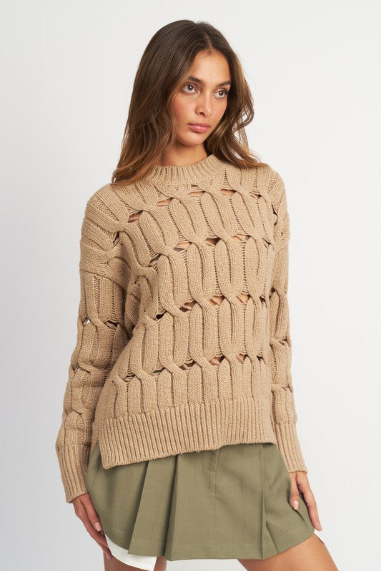 TAUPE OPEN KNIT SWEATER WITH SLITS - [product_category], Minx Boutique-Southbury
