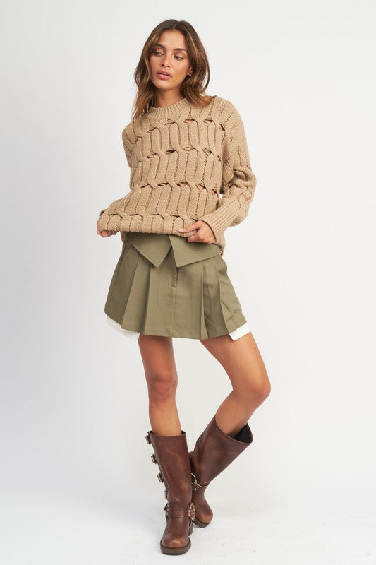 TAUPE OPEN KNIT SWEATER WITH SLITS - [product_category], Minx Boutique-Southbury