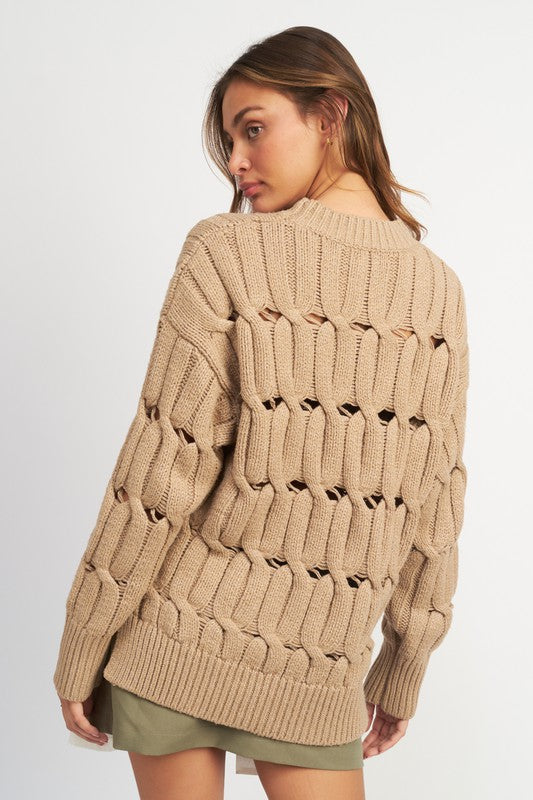 TAUPE OPEN KNIT SWEATER WITH SLITS - [product_category], Minx Boutique-Southbury