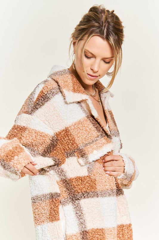 Brown Fuzzy plaid teddy jacket PLUS - [product_category], Minx Boutique-Southbury