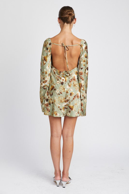 Sage floral long sleeve open back mini dress - [product_category], Minx Boutique-Southbury