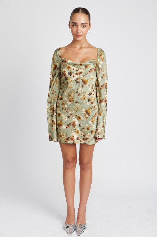 Sage floral long sleeve open back mini dress - [product_category], Minx Boutique-Southbury