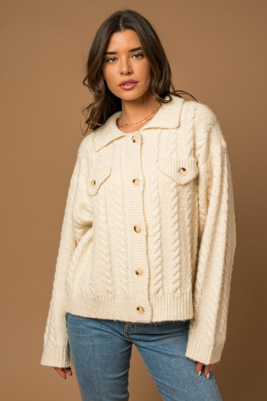 Collared Cable Sweater Cardigan -Online Only - [product_category], Minx Boutique-Southbury