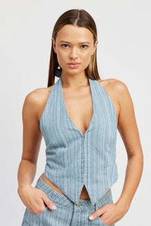  HALTER DENIM TOP WITH BACK TIE - [product_category], Minx Boutique-Southbury
