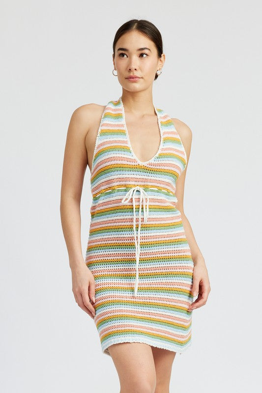 STRIPED CROCHET MINI DRESS WTIH HALTER NECK - [product_category], Minx Boutique-Southbury