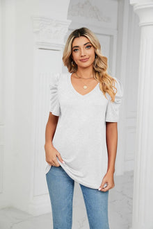  Women's Puff Sleeve Tops Casual V Neck Shirts, Minx Boutique-Southbury, [product tags]
