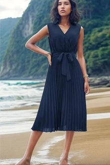  Navy V-Neck Sleeveless A-Line Swing Dress, Minx Boutique-Southbury, [product tags]