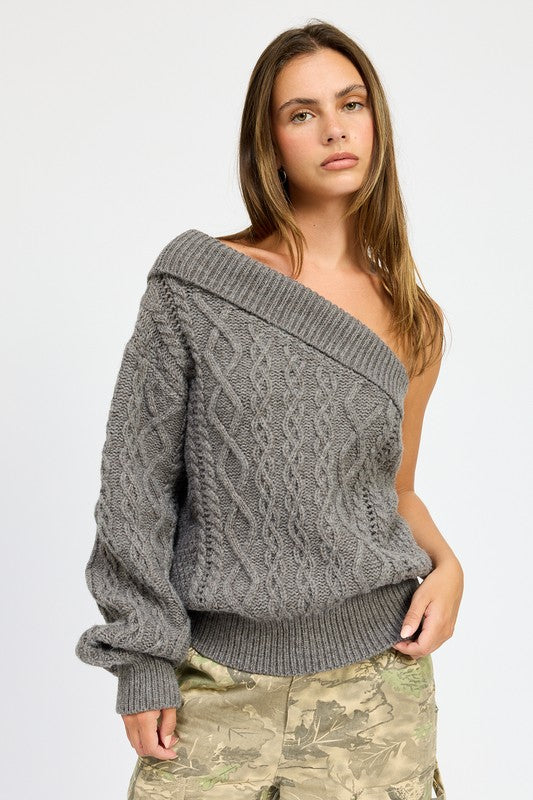 OVERSIZED CABLE KNIT ONE SHOULDER SWEATER, Minx Boutique-Southbury, [product tags]