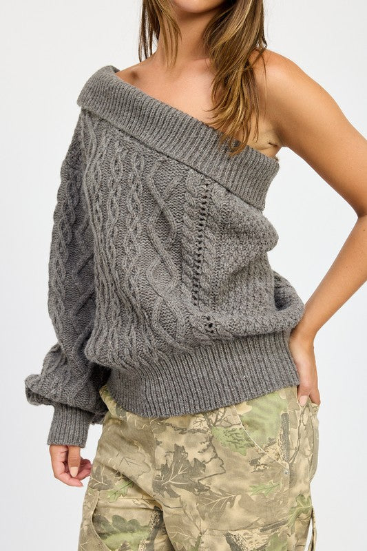 OVERSIZED CABLE KNIT ONE SHOULDER SWEATER, Minx Boutique-Southbury, [product tags]