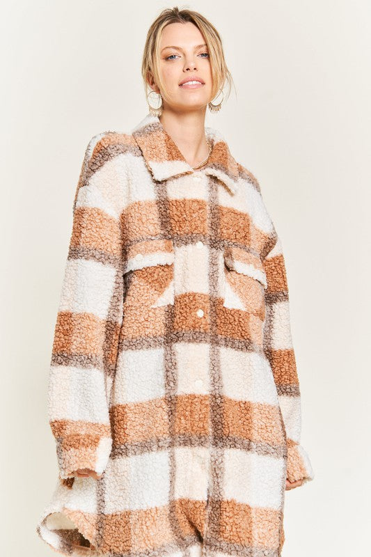 Brown Fuzzy plaid teddy jacket PLUS - [product_category], Minx Boutique-Southbury