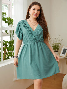  Plus Size Swiss Dot Ruffled Surplice Flutter Sleeve Mini Dress, Minx Boutique-Southbury, [product tags]