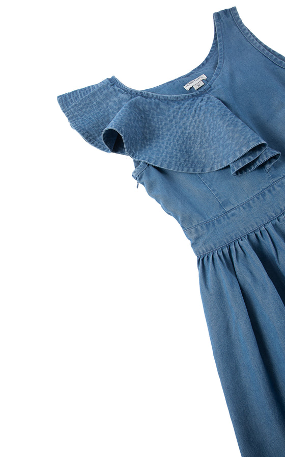 Ruffled Shoulder Indigo Dress - [product_category], Minx Boutique-Southbury