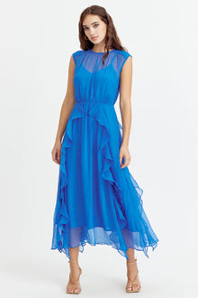  Sea Blue Rosalie cascading ruffled midi dress by adelyn rae