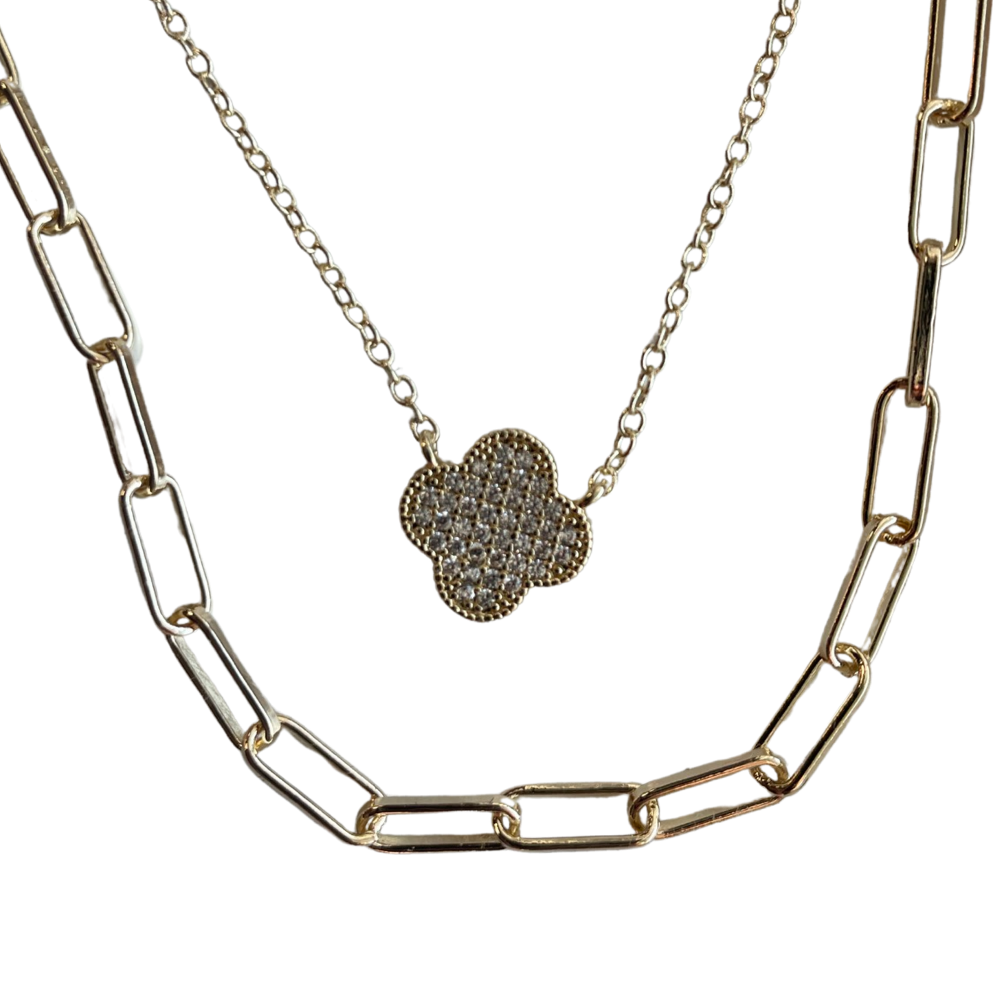 Gold Paperclip Necklace with Clover Pendant Layer