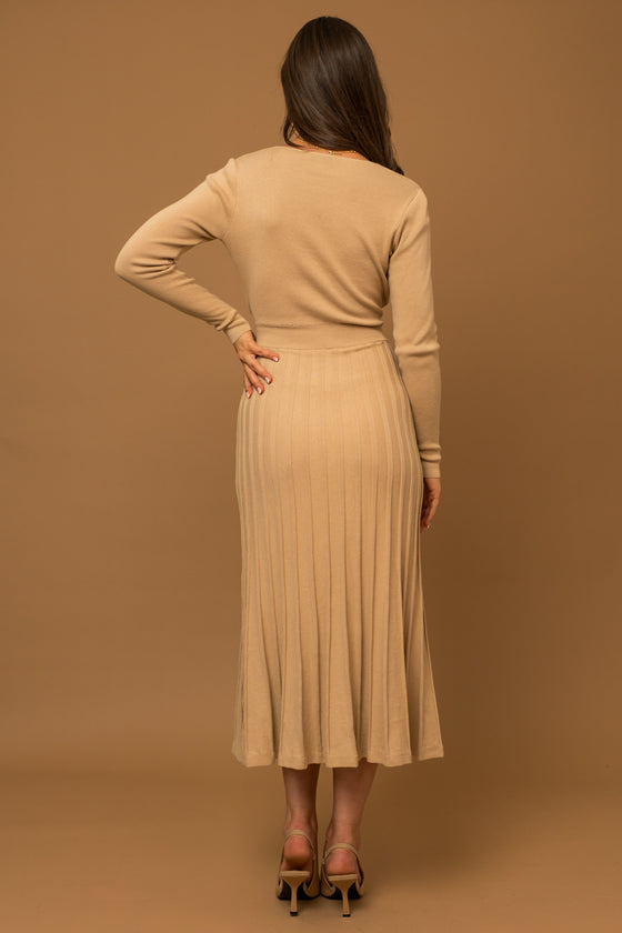 Camel V-Neck Sweater Midi Dress - [product_category], Minx Boutique-Southbury