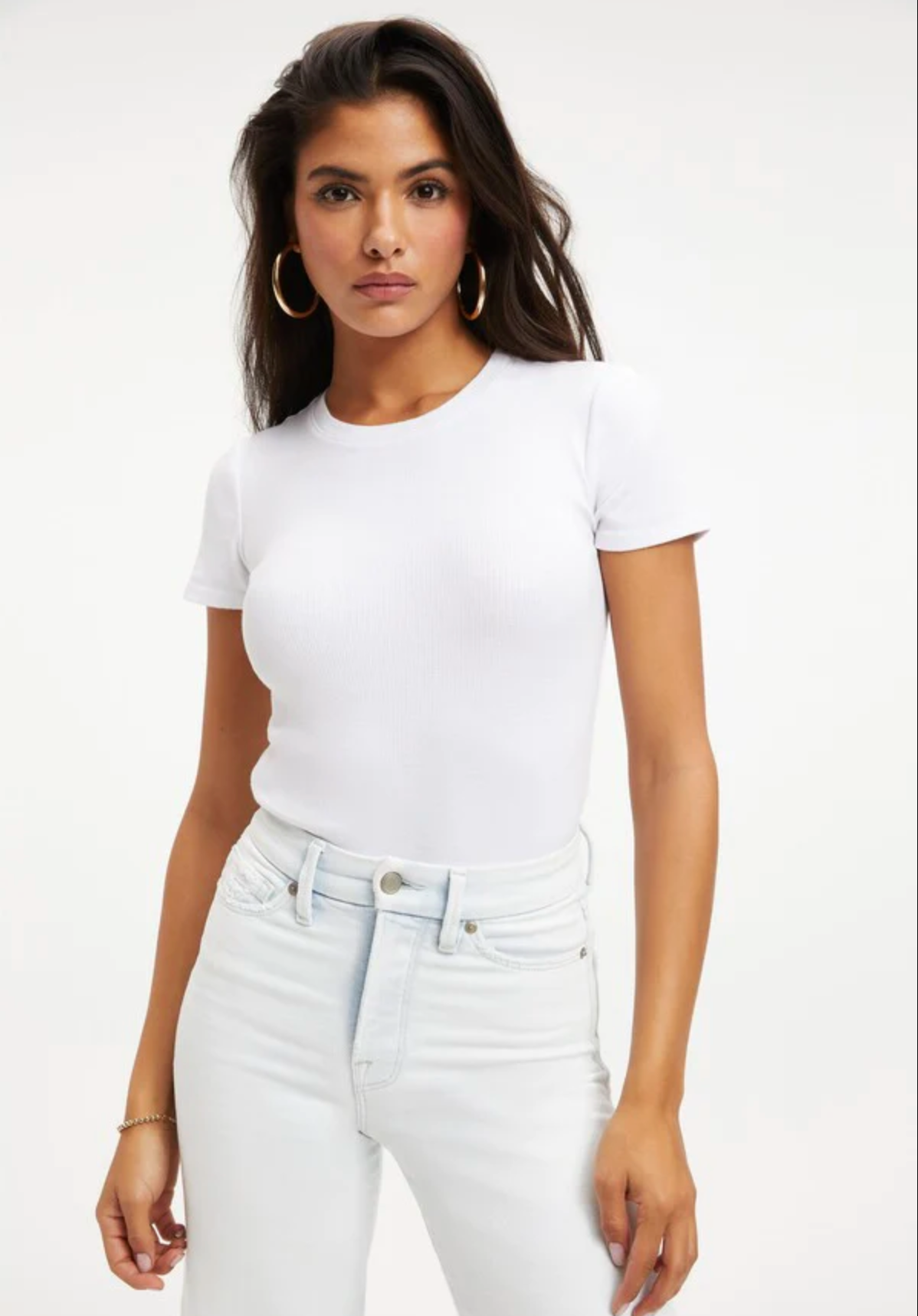 Good American Ribbed Fitted Tee Bodysuit White001 Bodysuit