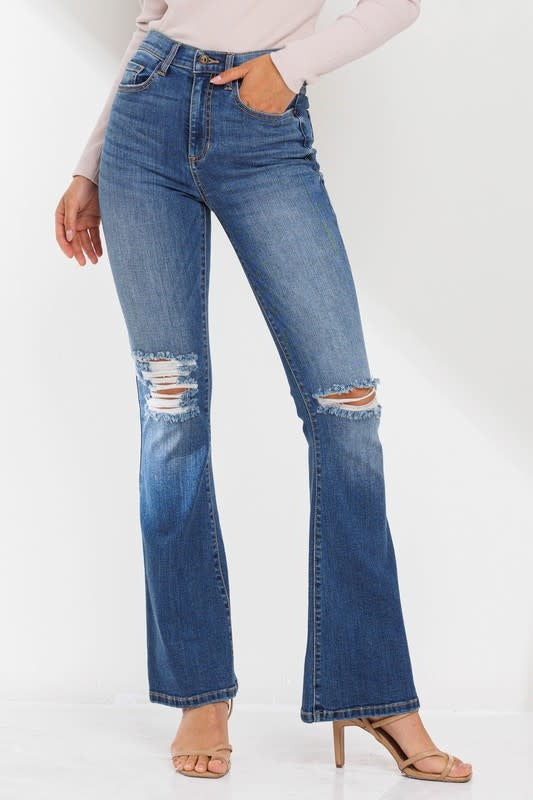 Sneak Peek High Rise Distressed Flare Jean - Medium Wash Pants