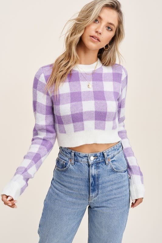 Lavendar Checker Crop Sweater Clothing