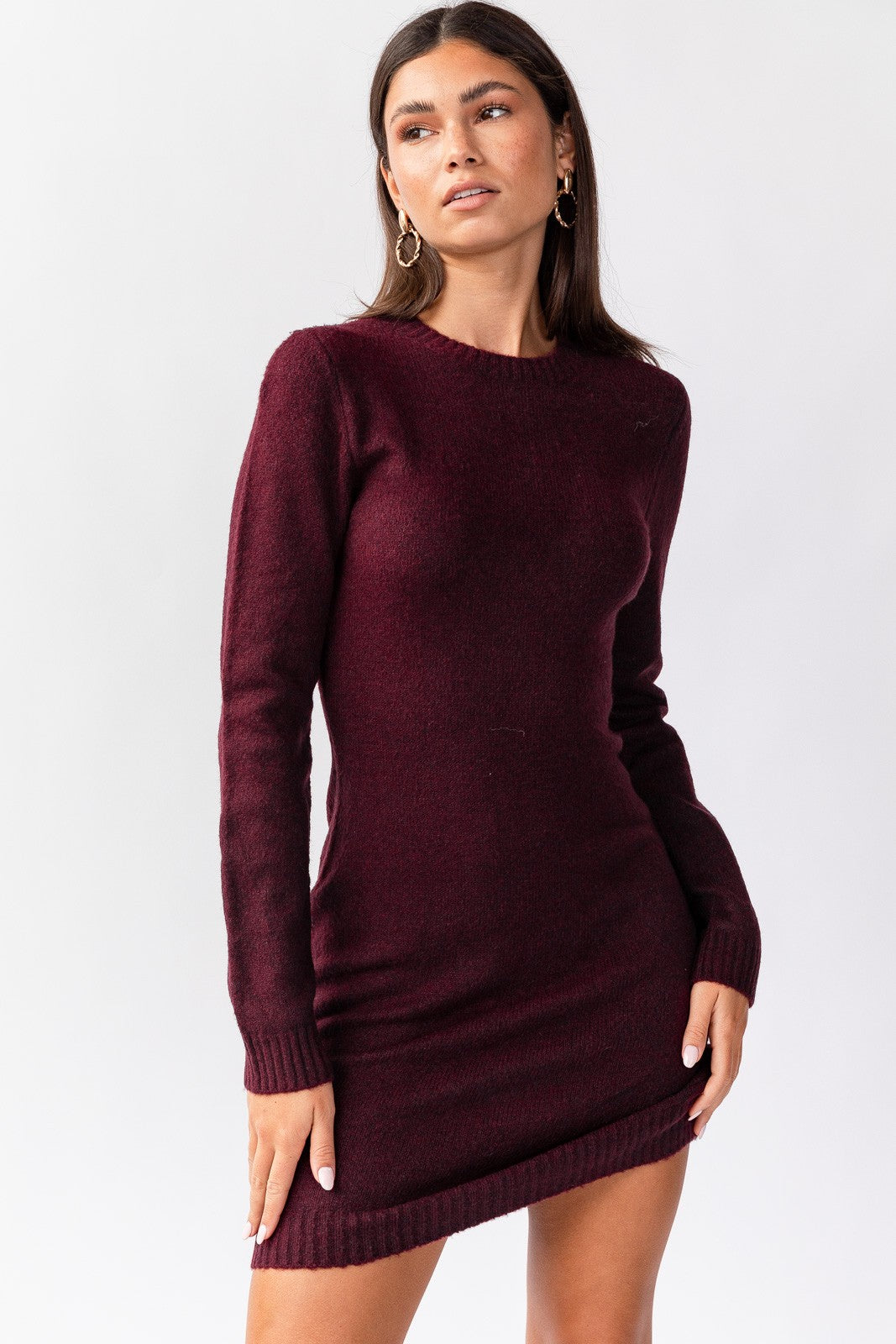 Dark Plum Body Contour Mini Sweater Dress Dress