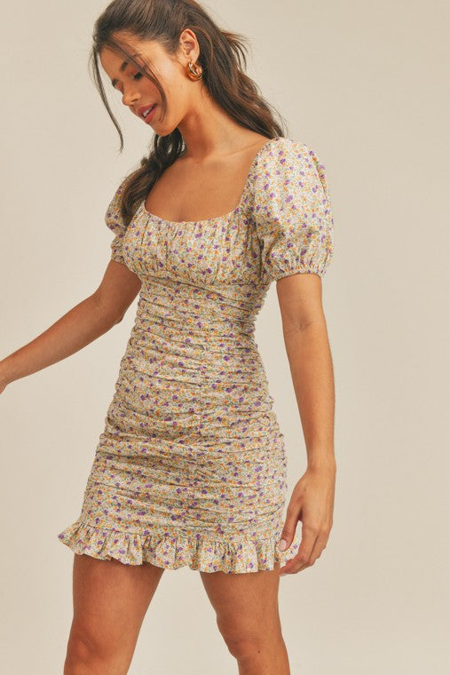 Floral Print Ruched Ruffle Mini Dress Large dress