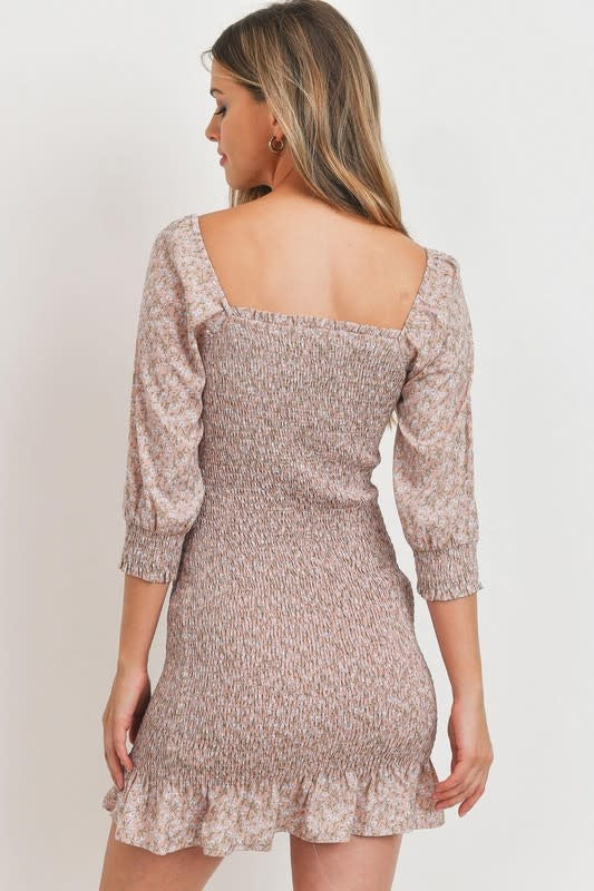 Pink Floral Printed Smocking Dress w/Ruffle Edge Dress