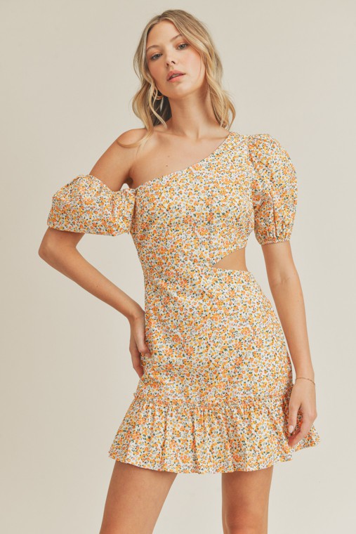 Yellow Floral Asymmetric Cut Out Mini Dress dress