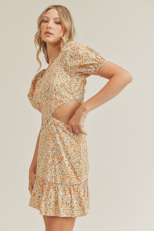 Yellow Floral Asymmetric Cut Out Mini Dress - [product_category], Minx Boutique-Southbury