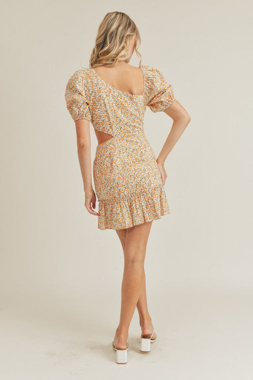 Yellow Floral Asymmetric Cut Out Mini Dress - [product_category], Minx Boutique-Southbury