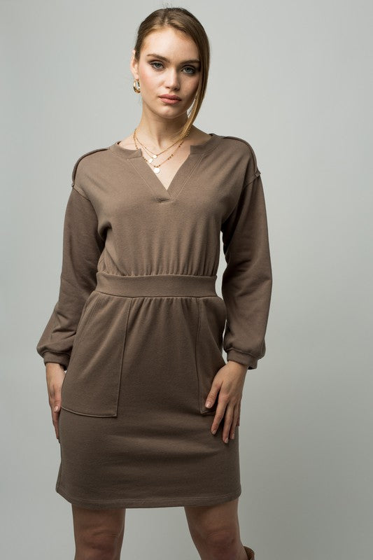 Long Sleeve V-Slit Dress in Mocha Dress